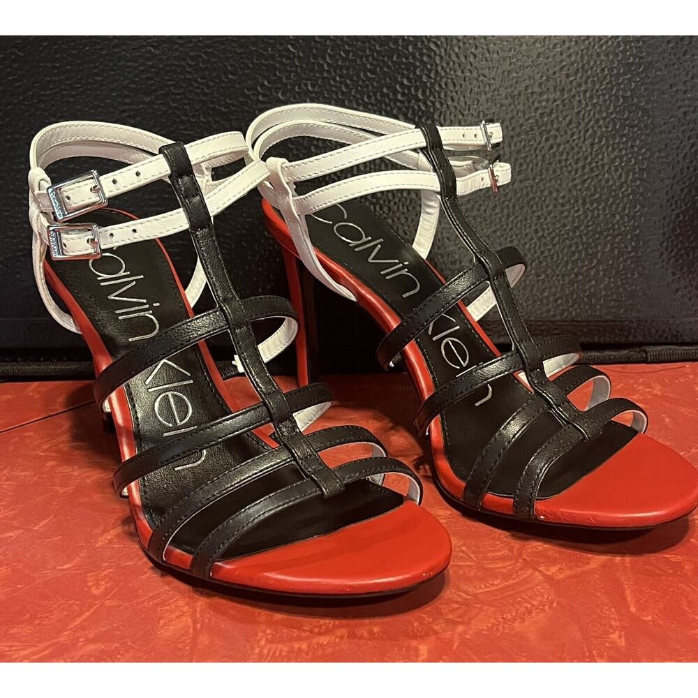 Calvin Klein Women’s Stiletto Shoes Red Black White Sandals Racina Size 7.5M